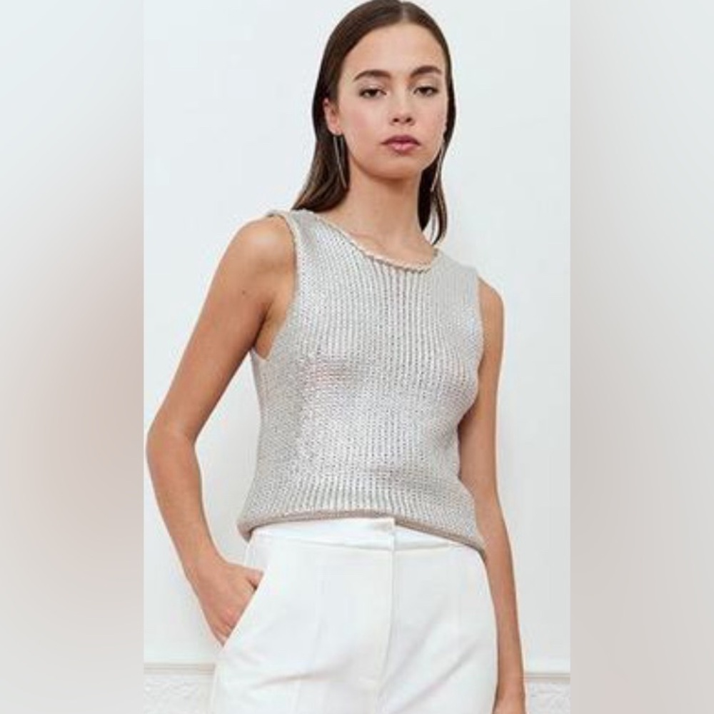 Dluc Sleeveless Metallic Silver Aloe Knit Vest Tank Top M Medium